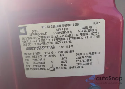 2003 Chevrolet Trailblazer Lt z USA, uszkodzony, nr VIN 1GNDS13S532137868